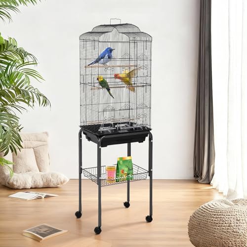 60" Large Bird Cage, Heavy-Duty Metal Flight Cage with Rolling Stand, Play Top, Removable Tray & Food Bowls, Easy Clean Non-Toxic Coating Birdcage for Parakeets, Cockatiels, Conures, Parrots - size: 60.24 Inches