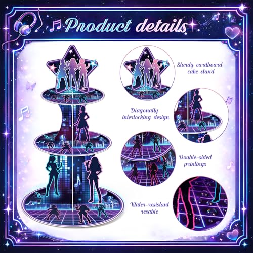 3 Tier Kpop Party Decorations Korean Pop Cupcake Stand Decoration Kpop Singer Theme Cupcake Tower Music Cake Holder Table Display for Korean Pop Singer Birthday Party Decoration Supplies - style: Kpop