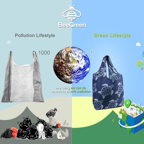 BeeGreen Reusable Grocery Shopping Bag -Travel Tote Bag - Foldable Compact Sturdy Bags - color: Black, style: Standard Extra Large