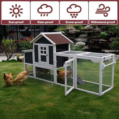 Chicken Coops for 1-2 Chickens with Wheels, Outdoor Wooden Hen House with Nesting Box, Large Rabbit Hutch, Outside Poultry House, Wire Fence Run Cages, Weatherproof for Backyard(Black) - size: 80.0"L x 24.2"W x 39.0"H