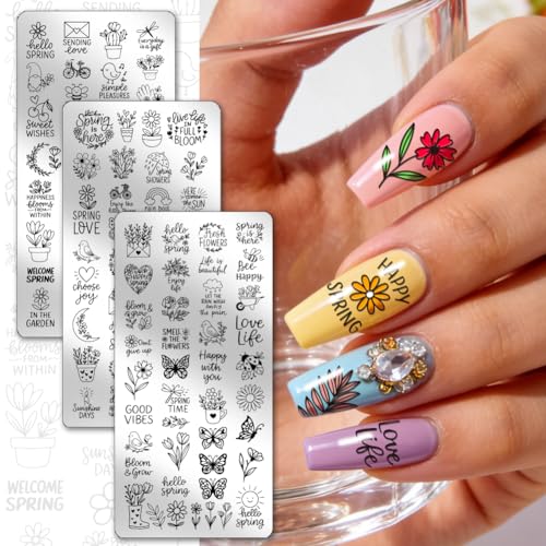 PH PandaHall 3pcs Spring Nail Stamping Plates Flowers Leaf Nail Art Template Butterfly Bee Nails Image Plate Potted Plants Nails Design Stamper for Women Spring Manicures Salon Decoration Printing - style: Spring