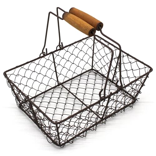 Farmhouse Egg Basket Chicken Wire Egg Holder Countertop Egg Collecting Basket with Wooden Handles, Egg Basket for Gathering Fresh Eggs, Rusty