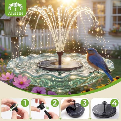 AISITIN 2.5W Solar Bird Bath Fountain Pump, with 6 Nozzles & 4 Fixer | 6.7" Solar Fountain Pump, solar pump for fountain for Garden, Ponds, Pool, Fish Tank, Outdoor and Aquarium