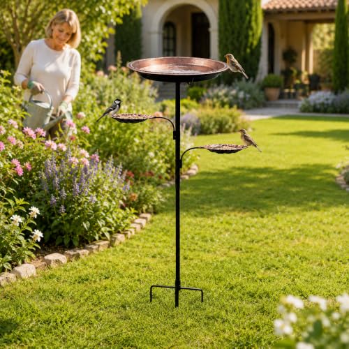Outdoor Standing Bird Bath with 2 Feeder Bowls, 12 Inch Deep Basin for Wild Birds, Weatherproof Metal Birdbath with Upgraded 5-Prong Stake Base
