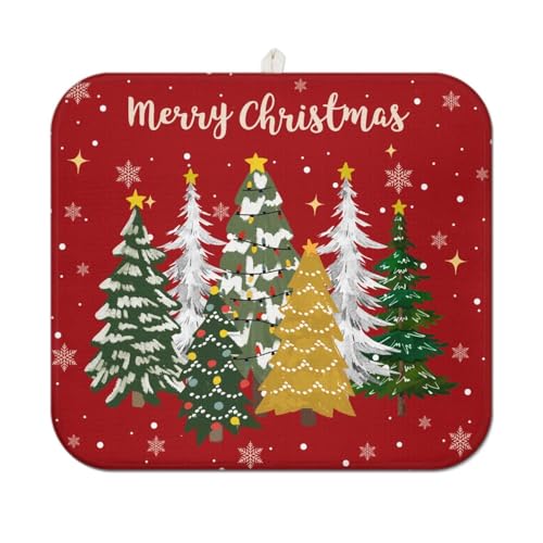Christmas Kitchen Countertop Dish Drying Mat,Red Christmas Tree Snowflake Pattern Microfiber Kitchen Drying Mat, Washable Absorbent Countertop Xmas Winter Holiday Dish Mat Drainer,16x18In - color: christmas, size: 16" x 18"