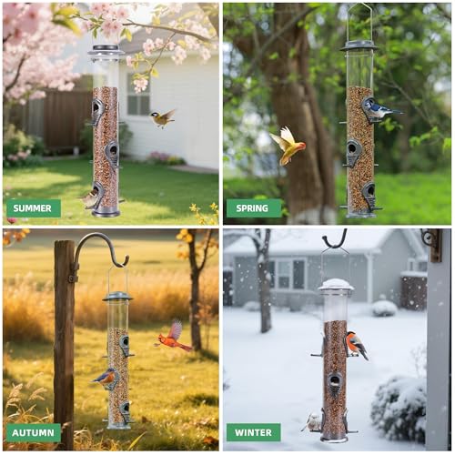 1PK Metal Bird Feeders with 6 Feeding Ports,Tube Bird Feeder with Steel Hanger,Hard Plastic Wild Bird Feeder for Outdoors Hanging, Attracting Birds in Your Lawn, Garden, Balcony-Grey - color: Grey 1 PACK