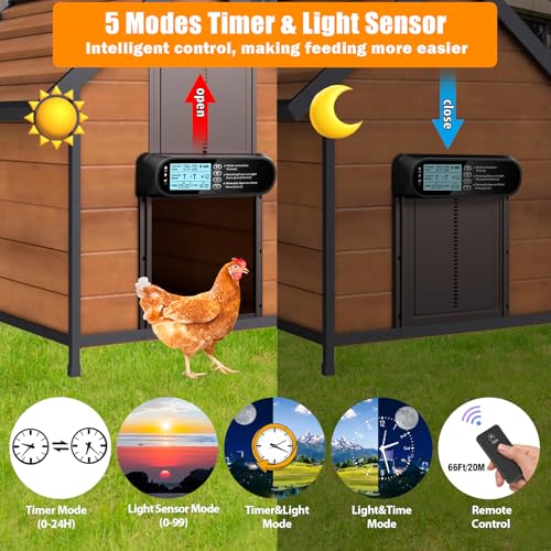Automatic Chicken Coop Door Solar Powered, LCD Screen Electric Auto Chicken Coop Door with Timer & Light Sensor, Aluminum Rechargeable Auto Chicken Door Opener with Remote Control & 4 Modes