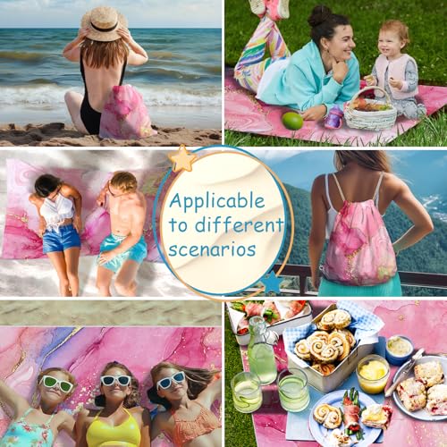 Pink Marble Beach Towel - Microfiber Beach Blanket Backpack 2 in 1 for Travel Adult Camping Holiday 63"x31.5" - color: Abstraction Marble Pink