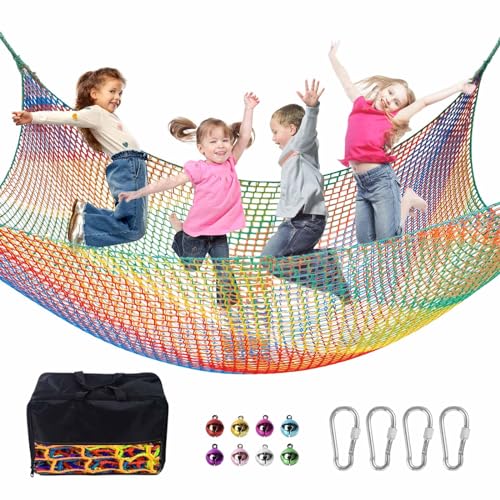 Climbing Net for Kids - 9.9FT x 9.9FT Double Layers Heavy Duty Playground Safety Net, Climbing Cargo Net for Tree House Tree Fort, Back Yard, Jungle Gyms, Monkey Bar Security Mesh（Rainbow） - color: Rainbow, size: 9.9' x 9.9'