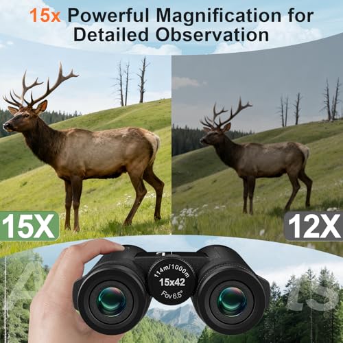15x42 Binoculars for Adults High Powered for Bird Watching Cruise Ship | FMC BAK4 Optics for Wide HD View, Portable Lightweight Binoculars for Hunting Traveling, Easy Focus with Phone Adapter
