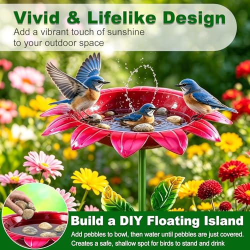 Bird Bath for Outside, 2 Pack 31.5 Inch Metal Bird Baths with Stake and Upgraded 5-Prong Base, Freestanding Sunflower Birdbath Birdfeeder Deep Water Bowl Feeder for Lawn Yard Garden Decor