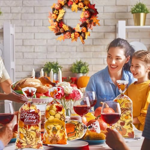 QOIUSO 100PCS Thanksgiving Treat Bags with 110 Twist Ties – Fall Cellophane Gift Bags for Cookies, Candy, Snacks, and Party Favors – Pumpkin, Turkey & Maple Leaf Thanksgiving Goodie Bags for Kids - color: Thanksgving-100pcs