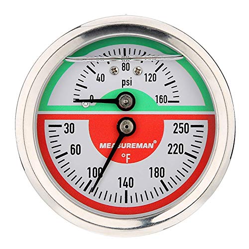MEASUREMAN Tridicator, Thermo-Manometer, 2-1/2", Silicone Oil Filled, 0-160psi/30-250 deg F, Stainless Steel Case, 1/4" NPT Back Mount - size: Back Mount-Liquid Filled