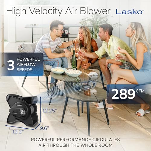Lasko Pivoting High Velocity Portable Utility Fan - 12" - U12104 - Black | Adjustable Air Mover Blower Fan for Bedroom, Office Desk, Garage, and Home, With 2 Outlets 120V, 3 Speeds