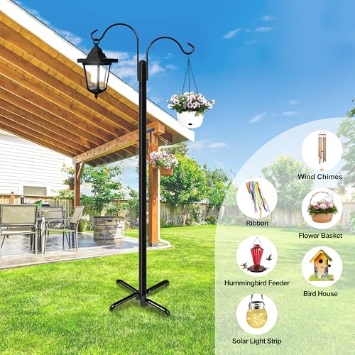 Ottsuls Double Shepherds Hooks for Outdoor, 76 Inch Bird Feeder Pole with 5 Prong Base, Upgrade 1 INCH Thick Heavy Duty Planter Hook for Hanging Baskets, Lantern,1 Pack - size: 76 IN
