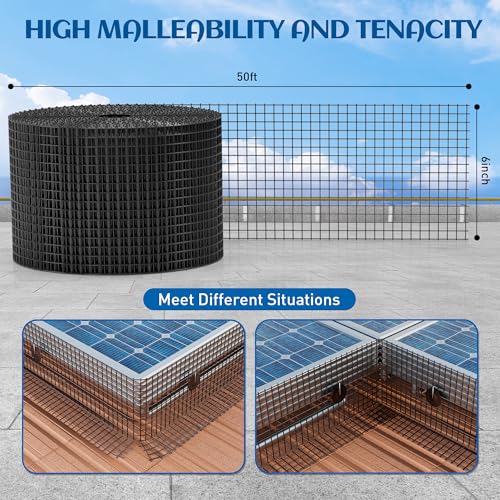 Solar Panel Bird Guard 6 in x 50 ft for Squirrel, Bird, Critters Proofing | Critter Guard for Solar Panels with 100 Pcs Stainless Steel Fasteners, Removable PVC Coated Pigeon Netting Wire - size: 6inch x 50ft