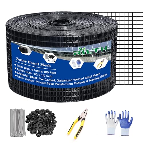 Critter Guard for Solar Panels, 6 in x 100 ft Solar Panel Bird Guard Mesh | 1/2 in PVC-coated solar mesh kit with 120 fasteners, scissors and gloves, black pigeon guard for solar panels - size: 1/2inch x 6in X 100ft