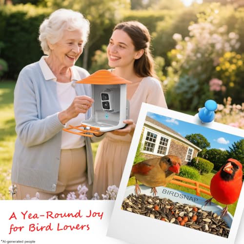 birdsnap® TUC Bird Feeder with Camera Solar Powered 2K Video with 32GB Card | AI Bird Species Identification, Squirrel-Proof, IP65 Waterproof, Outdoor Wireless, 2.4G WiFi, Gift for Mom Dad Bird Lovers - color: Orange