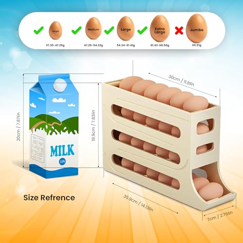 ZAYLAN Auto-Rolling Egg Holder for Fridge – 4-Tier Space-Saving Dispenser Holds 28 Eggs, Cream Organizer with FREE Flower Egg Cutter - color: CREAM