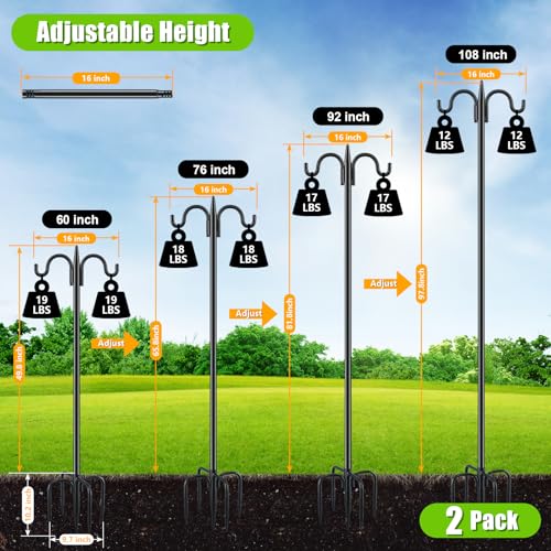 Gtongoko Bird Feeder Pole for Outdoors Heavy Duty, 2 Pack 92 Inch Double Shepherds Hook with 5-Prong Stable Base, 3/4 Inch Thick Hummingbird Feeder Stand for Hanging Plants, Lanterns - size: 92 Inch