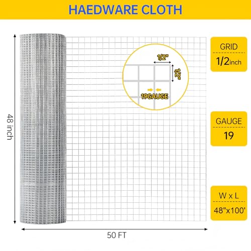 Hardware Cloth, Galvanized Chicken Wire Fence, 19 Gauge Vinyl Coated Mesh Roll, Silver Welded Fencing Roll Gopher Wire Mesh for Garden Fencing Rabbit Snake - color: 48" x 100' Silver
