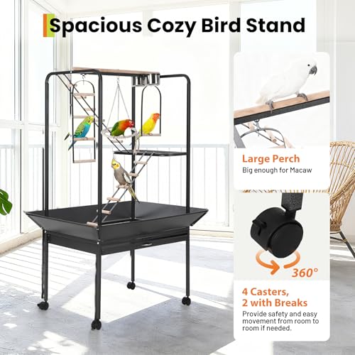 Large 66'' Black Bird Cage Play Center – Perches, Ladders, Rotating Ring, Removable Tray, Lockable Casters – Spacious Detachable Aviary for Macaw, Parakeet, Conure
