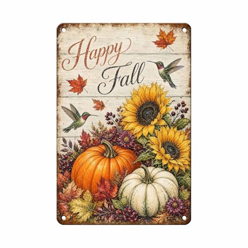 Happy Fall Hummingbird Sunflower Pumpkin Tin Sign Vintage Autumn Wall Decor for Kitchen Dining Room Living Room Porch Entryway and Farmhouse Home Decor 12 * 8In - color: Vintage Thanksgiving Tin Sign 15, size: 20X30cm(12*8in)