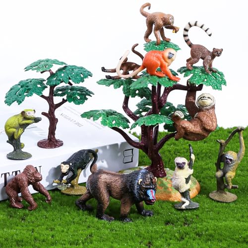 16pcs Monkey Figurines Realistic Primate Animal Toys for Kids Gift | Gorilla Figures with Trees for School Project, Pretend Play, Cake Decoration, Non-Toxic Solid Hand-painted Lifelike Details - style: Monkey
