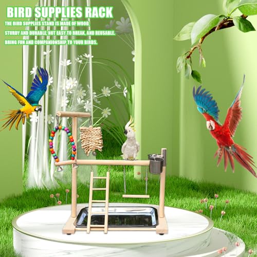 Bird Stand, Natural Wood, Parrot Playground with Removable Tray & 2 Stainless Steel Feeder Cups, Suitable for Parakeet, Conure, Cockatiel, Lovebird, Canary, Lorikeet & African Grey - color: A