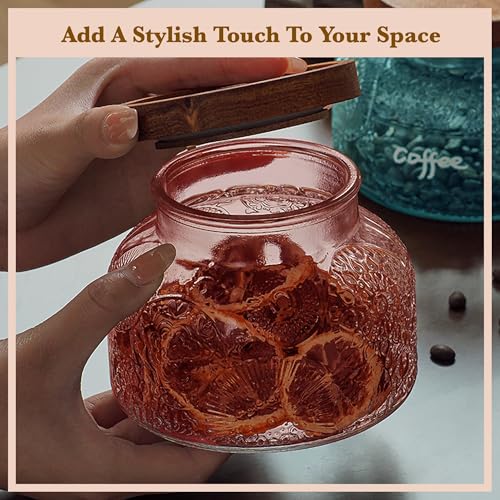 Decorative Pink Embossed Glass Jar with Airtight Wooden Lid, 25.4 fl. oz | Wide mouth vintage storage canister, kitchen pantry bathroom organization, coffee sugar tea cookie candy candle vase gift - size: 25.4 Ounces, style: Pink Flower