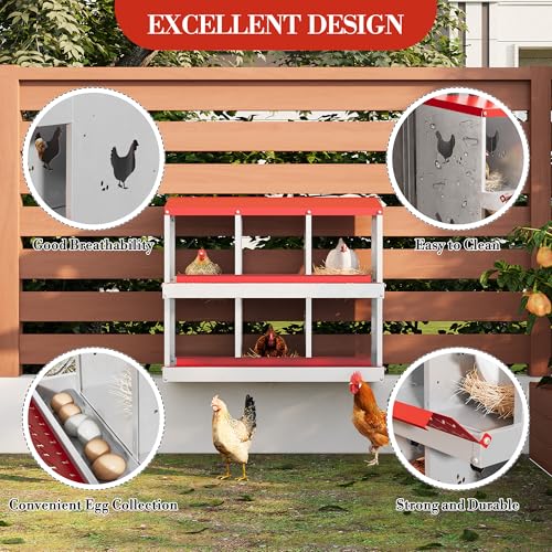 Chicken Nesting Boxes 6 Holes Galvanized Steel Rustproof Egg Laying Box with Egg Collection Systems, Hen Eggs Laying Box, Ventilated/Easy to Install, for Chicken Houses/Duck Houses/Hen - color: Red, size: 35.6"L x 17.3"W x 6.3"H