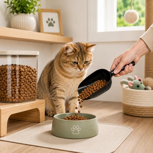 Pet Food Black Scoop, 11.62in Large Plastic Feed Scooper with Ergonomic Handle, Lightweight Food Storage Scoop for Dry Dog Food Cat Food Bird Seed Grain Treats and Bulk Pantry Ingredients
