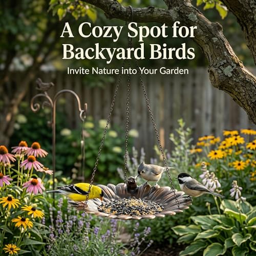 Topadorn Hanging Bird Feeder Tray, Sunflower Platform Feeder for Outside | Outdoor Bird Feeder Tray for Wild Birds, Metal Seed and Water Dish with Hanging Chains and S-Hook for Garden and Patio