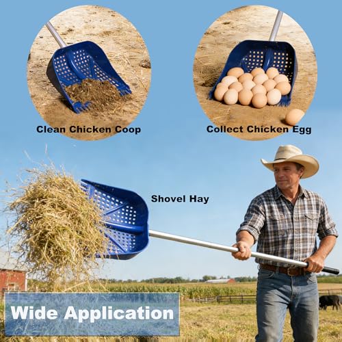 11.8inch Heavy Large 2-in-1 Chicken Poop Scooper & Rake,Adjustable Aluminum Handle（20–61"） Chicken Coop Scoop– Litter Scoop Sand & Sifting Shovel for Chicken Coops(Blue) - color: Blue