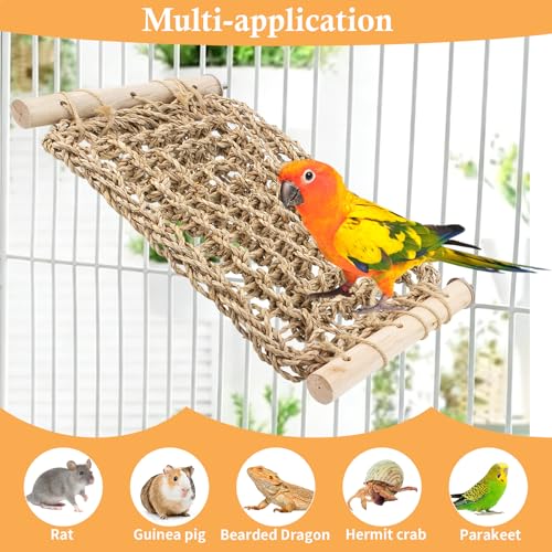 Bird Seagrass Mat Cage Ladder Perch Natural Chewing Toy | Parrot Ladder Bridge Exercise Stands, Hand-Woven Net Hammock, Cage Accessories for Lovebird Budgie Parakeet