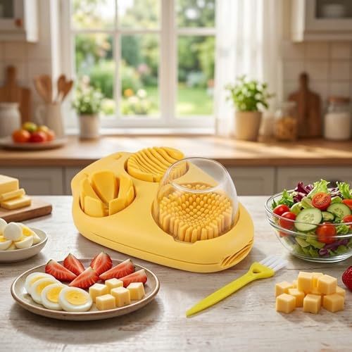 Egg Slicer for Hard Boiled Eggs, Grape Cutter, 3-In-1 Multipurpose Kitchen Tool with Cleaning Brush, Efficient Fruit Slicer for Strawberries, Grapes, Mushroom