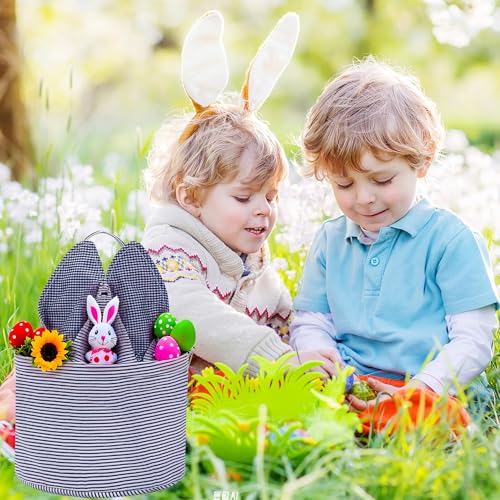Easter Basket Seersucker Egg Hunt Bunny Baskets for Kids with Cute Rabbit Ears Stripe Storage Gifts Candies Personalized Easter Party Gifts… - color: Seersuck Navy