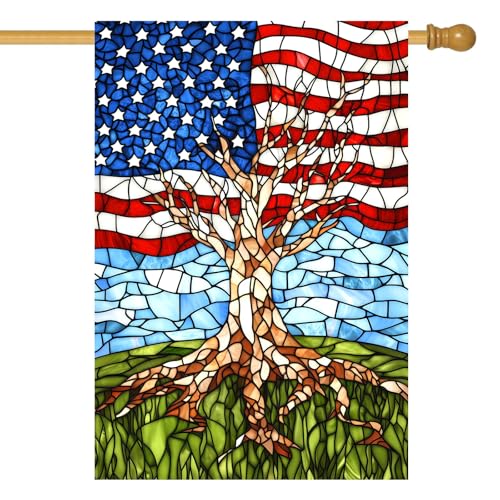 Patriotic American House Flag 28 x 40 Double Sided for Outside Large Stained Glass Tree Life Garden Flags 250 Anniversary USA 4th of July Independence Memorial Day Decora - color: july-tree