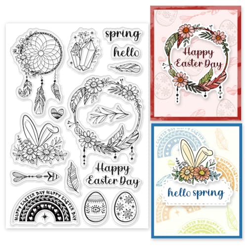 Easter Egg Clear Stamp Reusable Dream Catcher Stamp Leaves Wreath Silicone Stamps Boho Easter Words Rubber Stamps for Easter Card Making Journaling Scrapbooking DIY Cards Album - color: Bohemian Easter