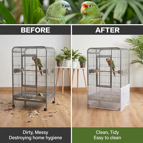 Large Bird Cage Seed Catcher Adjustable Soft Airy Skirt Guard Birdcage Nylon Mesh Net, White Bird Cage Net Cover Skirt Seed Guard for Parrot Parakeet Macaw Round Square Cages