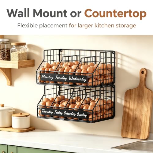 Egg Holder Countertop, Large 2T Chicken Egg Basket for Gathering Fresh Eggs | Egg Storage Organizer with Adjustable 5 Divider & Label, Stackable Wall Mounted Egg Collecting Basket Rack, XXL Black - color: 2T XXL Black