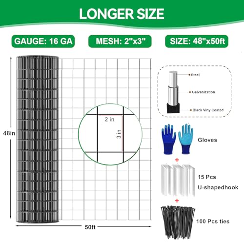 Welded Wire Fence 48inch x 50ft, 2inch x 3inch Black Chicken Wire Fencing, 16Gauge PVC Coated Garden Wire Fence Rolls, Anti-Rust Metal Fencing for Yard Plant Protection Poultry Netting - size: 4ft x 50ft