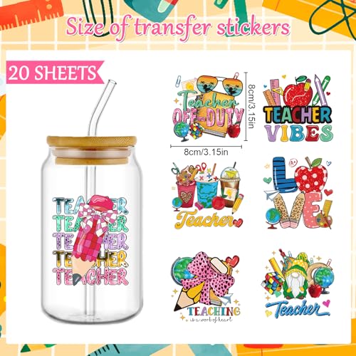 Rngmsi 20 Sheets Teacher Leopard Print UV DTF Cup Wrap Cold UV DTF Stickers | Back to School Classroom Uvdtf Stickers, Flower Rub on Transfer Decals, for DIY 16 oz Glass Mug Gift Crafts - style: Teacher