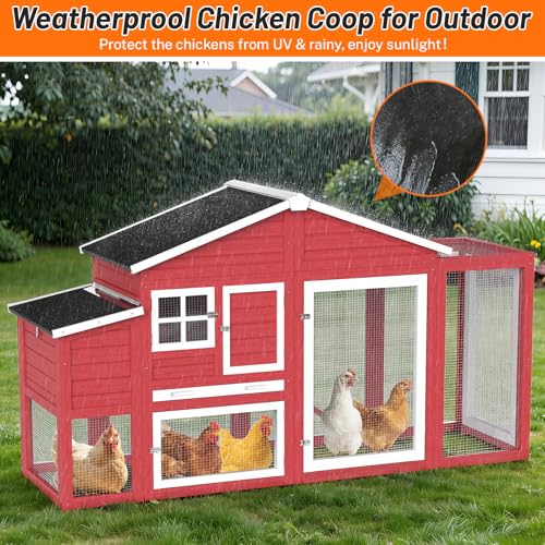 84.7''L Chicken Coop, Large Poultry Cage for 4-6 Chickens, Outdoor Hen House Design with Nesting Box, Weatherproof Roof and Leakproof Pull-on Tray, Easy to Install＆Clean(Red) - color: Red