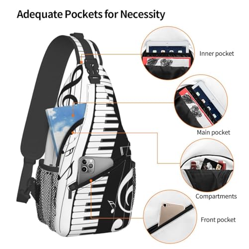 Black And White Piano Music Notes Musical Instrument Sling Backpack Crossbody Shoulder Bag Chest Bag Travel Chest Pack Casual Daypack For Women Men Hiking Sports Working - color: Black4