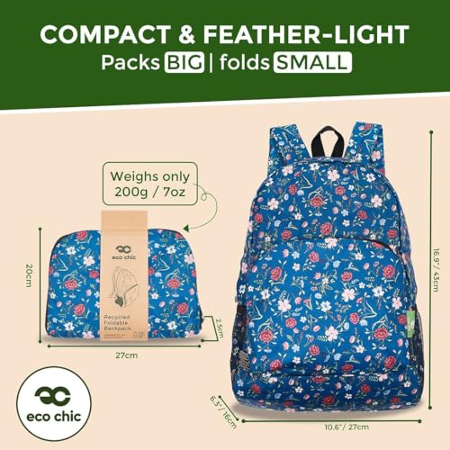 ECO CHIC Hiking Lightweight Packable Backpack - Foldable Daypack for Travel & Hiking & Outdoor Adventures - Waterproof Backpack from Recycled Materials (Floral Navy) - color: Floral Navy