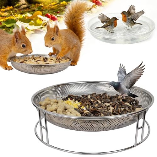 13-Inch Ground Bird Feeder and Bath Combo, Stainless Steel Ground Feeding Platform for Birds & Squirrels, with Dual Birdseed Mesh Trays, Birdbath, Attracting Creatures to Backyard, Patio - color: bird feeder & bath combo
