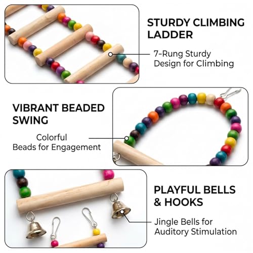 2 Pcs Bird Ladder Set, Bird Cage Ladder for Cage with 7 Steps Ladder and Small Swing, Parakeet Cage Accessories, Bird Climbing Ladder and Playground Accessories