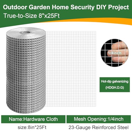 8in x 25ft Hardware Cloth 1/4 inch Chicken Wire Fencing Mesh | Hot-Dip Galvanized Welded Heavy Duty 23 Gauge steel for Garden, Rabbit Cage, Rodent Poultry Enclosures & Predator Protection - size: 8in×25ft
