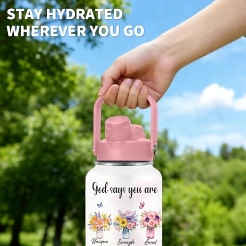 Flower Gifts for Women, 26oz Water Bottle with Handle for Girl Friends | Butterfly Stainless Steel Insulated Tumbler with Handle & Lid, Coffee Mug Travel Cup Birthday Valentines Day Gifts - color: Christian-White
